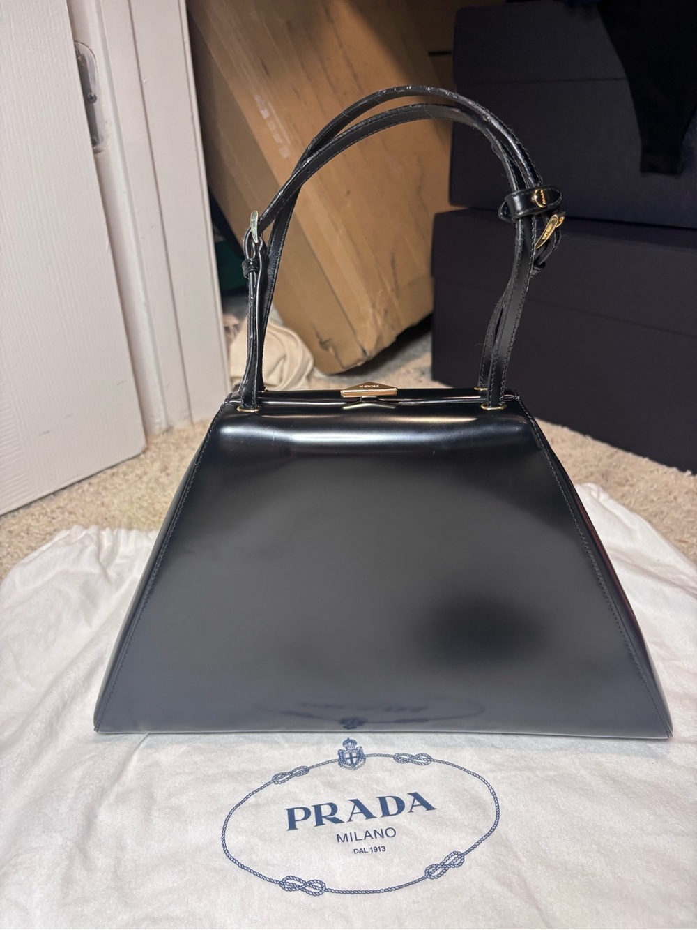 Prada Black Patent Leather Pyramid Top-Handle Satchel